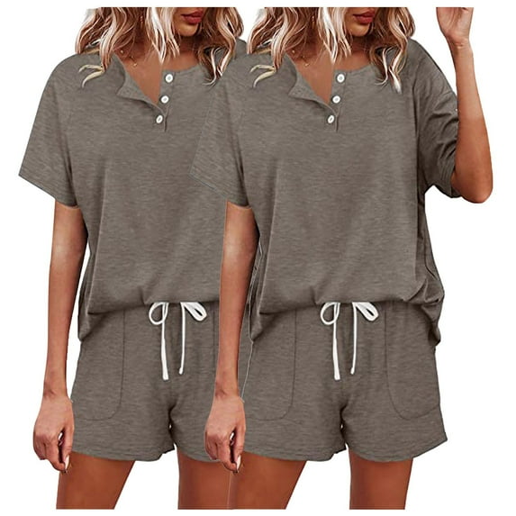 qolati 2PC Women's 2 Piece Pajama Sets Button Up Short Sleeve Lounge Sets Soft Round Neck Pullover Top and Drawstring Shorts Sleepwear with Pockets Comfy Pjs Set 2024