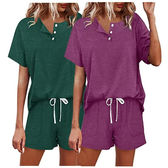 qolati 2PC Women's 2 Piece Pajama Sets Button Up Short Sleeve Lounge Sets Soft Round Neck Pullover Top and Drawstring Shorts Sleepwear with Pockets Comfy Pjs Set 2024