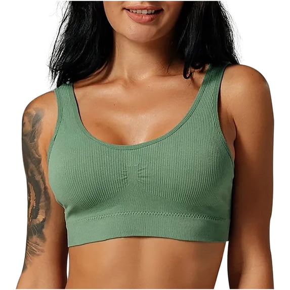 qolati 2Pcs Sports Bra for Women Seamless Stretch Full-Coverages Ribbed Beauty Back Bras Comfortable Breathable Support Workout Crop Tank Tops with Built in Bra
