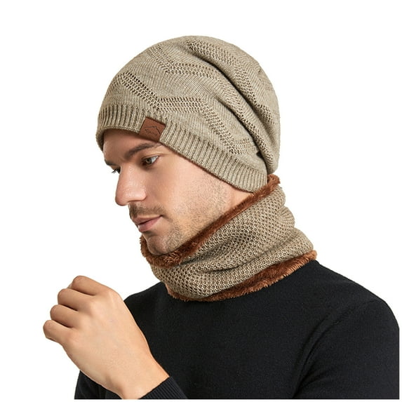 qolati 2Pcs Winter Knitted Beanie Hat Scarf Set Women Men Fleece Lined Skull Cap Hat Neck Warmer 2 in 1 Set Soft Warm Knit Slouchy Cap