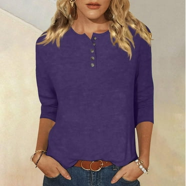 qolati 3/4 Length Sleeve Womens Tops Dressy Casual Button Down Henley Neck T Shirts Comfy Solid Color Plus Size Blouses