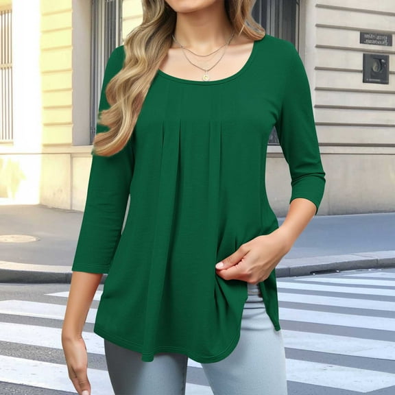 qolati 3/4 Length Sleeve Womens Tops Dressy Casual Crew Neck Flowy Blouses Fall Pleated T-Shirts Tunic Top for Leggings