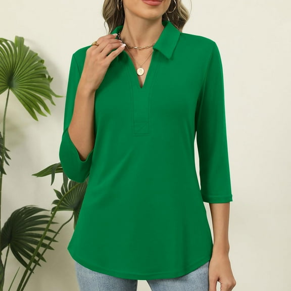 qolati 3/4 Length Sleeve Womens Tops Fall Collared V Neck Golf Tennis Shirts Business Casual Henleys Work Blouses Green M