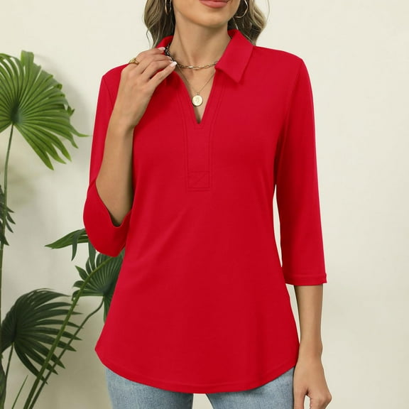 qolati 3/4 Length Sleeve Womens Tops Fall Collared V Neck Golf Tennis Shirts Business Casual Henleys Work Blouses Red XL