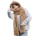 thumbnail image 1 of qolati 3 In 1 Hat Scarf Gloves for Women Winter Warm Ear Protection Puffy Hooded Scarf for Women Men Soft Plush Thick Faux Fur Hooded Scarf, 1 of 3
