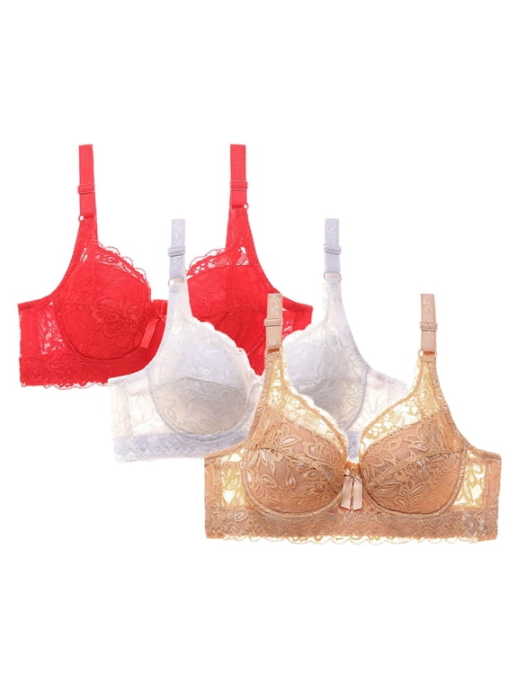 3 Pack Bra for Women Plus Size Full Coverages Push Up Lace Bra with Underwire Soft Comfy T-Shirts Bralettes for Women with Support