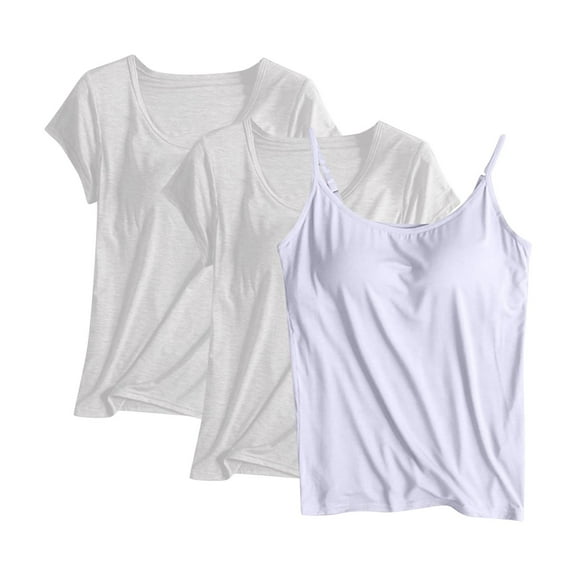 qolati 3 Pack Built-in Bra Tank Tops for Women Soft thin Adjustable Spaghetti Strap Camisole Undershirt Short Sleeve Padded Active Strap Workout Shelf Bra Tank Top Summer White XXL