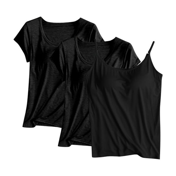 qolati 3 Pack Built-in Bra Tank Tops for Women Soft thin Adjustable Spaghetti Strap Camisole Undershirt Short Sleeve Padded Active Strap Workout Shelf Bra Tank Top Summer Black XXL
