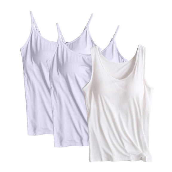 qolati 3 Pack Built-in Bra Tank Tops for Women Soft thin Adjustable Spaghetti Strap Camisole Undershirt Sleeveless Padded Active Strap Workout Shelf Bra Tank Top Summer White L