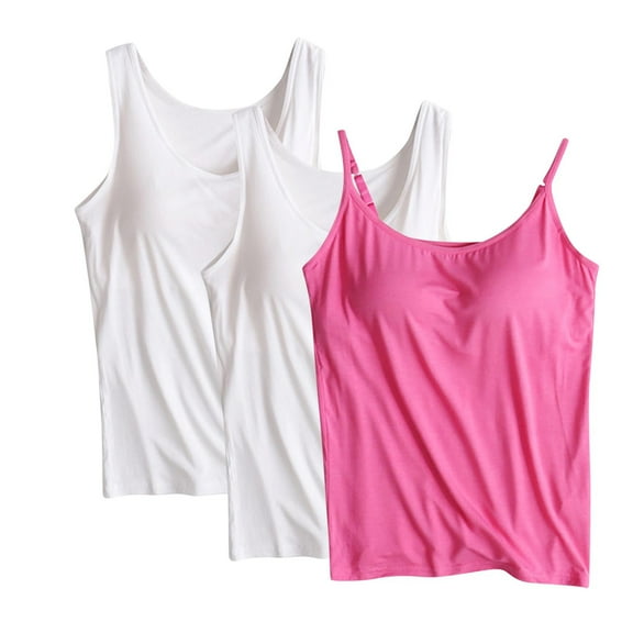 qolati 3 Pack Built-in Bra Tank Tops for Women Soft thin Adjustable Spaghetti Strap Camisole Undershirt Sleeveless Padded Active Strap Workout Shelf Bra Tank Top Summer Red XXL
