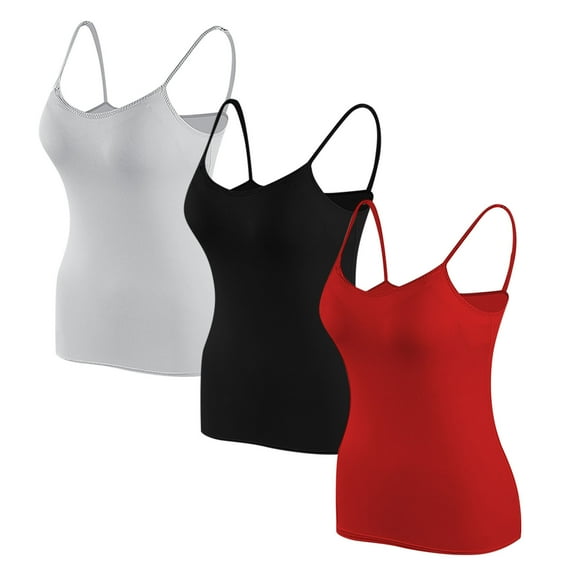 qolati 3 Pack Built in Bra Tank Tops for Women Soft thin Adjustable Spaghetti Strap Camisoles Workout Shelf Bra Tank Top Basic Undershirts