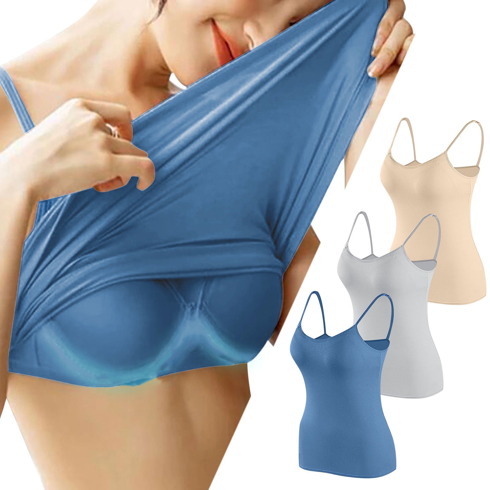 3 Pack Built in Bra Tank Tops for Women Soft thin Adjustable Spaghetti ...