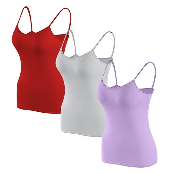 qolati 3 Pack Built in Bra Tank Tops for Women Soft thin Adjustable Spaghetti Strap Camisoles Workout Shelf Bra Tank Top Basic Undershirts