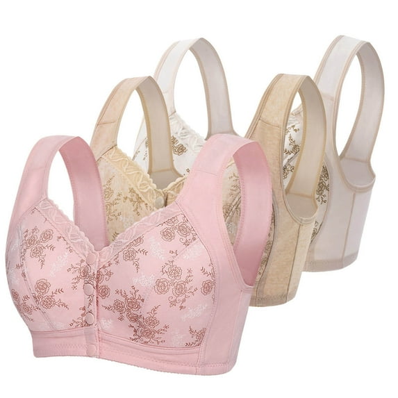 qolati 3 Pack Daisy Bras for Older Women Front Closure Breathable T-Shirts Bras Button Close No Underwire Comfy Soft Sports Bras with Support and Lift