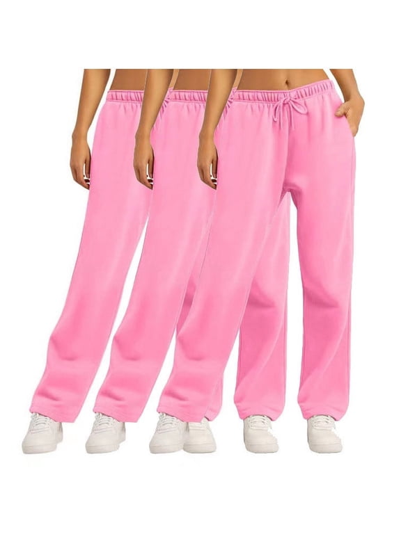 3 Pack Fleece Sweat Pants for Womens Straight Wide Legs Winter Sweatpants High Waisted Drawstring Workout Pants with Pockets Pink S 4