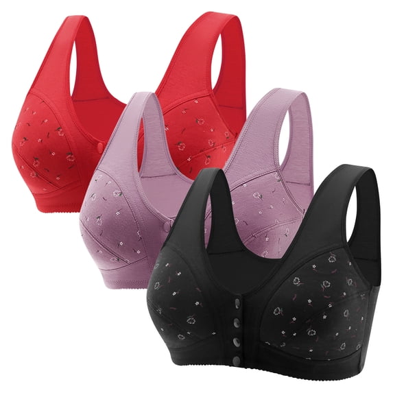 qolati 3 Pack Front Closure Bras for Women Breathable Button Close Full Coverage Stretch No Underwire Wireless Daisy Bras Wirefree Push Up Bra