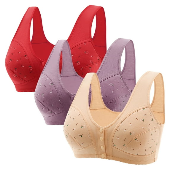 qolati 3 Pack Front Closure Bras for Women Breathable Button Close Full Coverage Stretch No Underwire Wireless Daisy Bras Wirefree Push Up Bra
