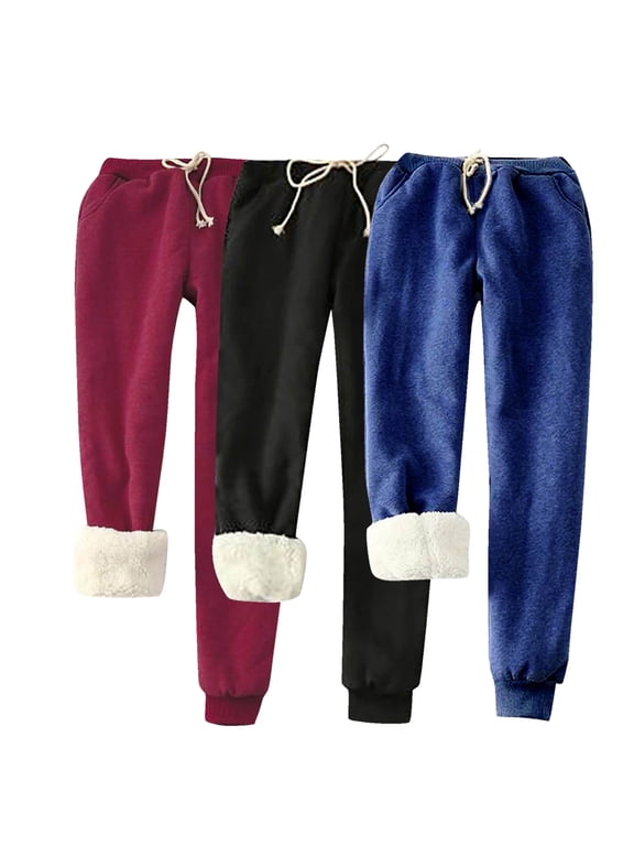 3 Pack Women's Sherpa Lined Sweatpants Winter Warm Fuzzy Fleece Athletic Sweat Pants Drawstring Elastic Waist Jogger Lounge Pants with Pockets Black XXXL 16