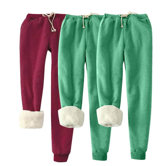 qolati 3 Pack Women's Sherpa Lined Sweatpants Winter Warm Fuzzy Fleece Athletic Sweat Pants Drawstring Elastic Waist Jogger Lounge Pants with Pockets Green L 8