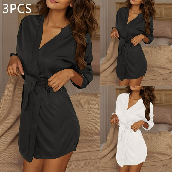 qolati 3 Pack Womens Satin Robe Short Silk Lace Tirm Bride Bridesmaids Robe Soft Comfy 3/4 Sleeve Belted Sleepwear Wedding Party Nightgown