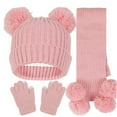 thumbnail image 1 of qolati 3Pcs Baby Boy Girl Winter Knit Pompom Ears Beanie Hat Scarf Touchscreen Gloves Set Warm Soft Thick Fleece Lined Skull Cap 3 in 1 Set, 1 of 3