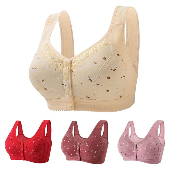 qolati 4Pcs Front Closure Everyday Bras for Women Comfy Daisy Bras Front Snaps Seniors Seamless Comfortable Soft Full-Coverages No Underwire Bralette Sports Bra
