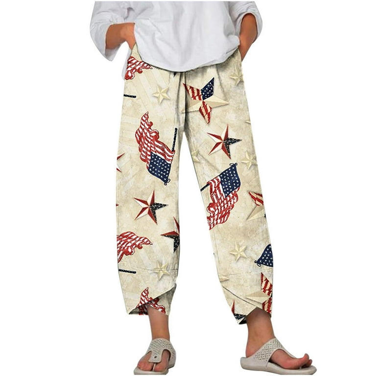 qolati 4th of July Capri Pants for Women Trendy Summer American Flag Print  Cotton Linen Loose Fit Yoga Pant Elastic Waisted Wide Leg Lounge Trousers