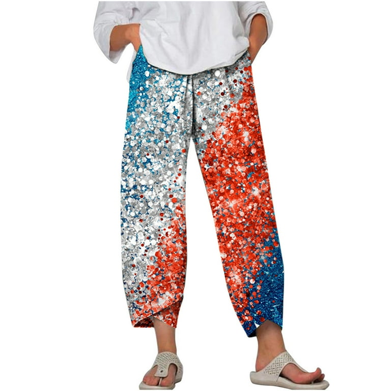 qolati 4th of July Capri Pants for Women Trendy Summer American Flag Print  Cotton Linen Loose Fit Yoga Pant Elastic Waisted Wide Leg Lounge Trousers