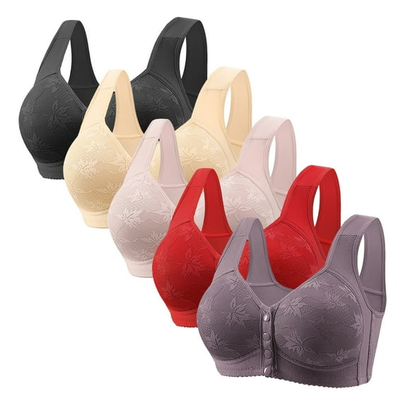 qolati 5 Pack Daisy Bras for Older Women Front Closure Push Up Bra No Underwire Sports Bra with Front Snaps Full Coverage Breathable Everyday Bras