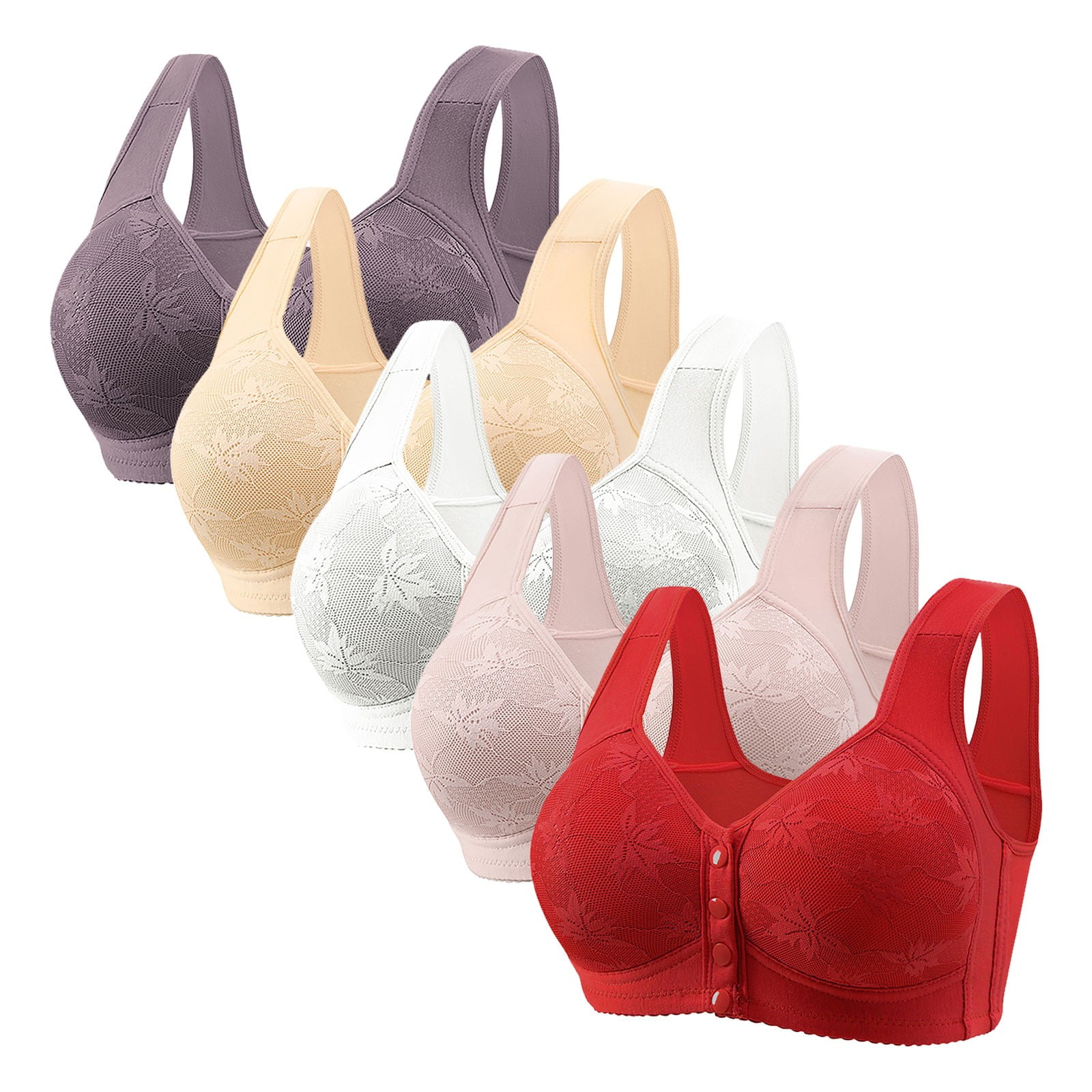 qolati 5 Pack Wireless Bras for Women Front Closure Push Up Bra Daisy Lace No Underwire Sports Bra with Front Snaps Full Coverage Breathable Everyday Bras
