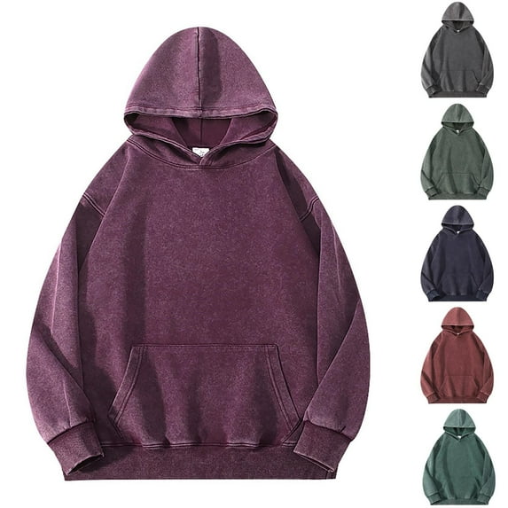 qolati Acid Wash Hoodies for Men Vintage Pullover Y2k Trendy Lightweight Hooded Basic Couples Streetwear Sweatshirts with Pocket Blue S