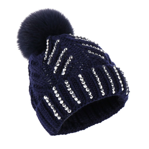 qolati Adults Kids Winter Beanie Hat with Faux Fur Pompoms Warm Knit Skull Cap Sequin Soft Ski Beanie for Women Men