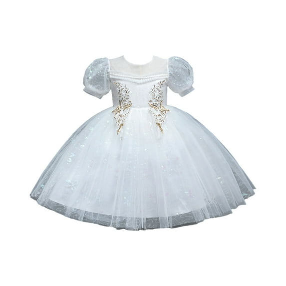 qolati Baby Girl Flower Dress Elegant Embroidered Puffy Sleeve Lace Tulle Dress Cute Sparkly Mesh Pleated A-Line Party Princesses Dress