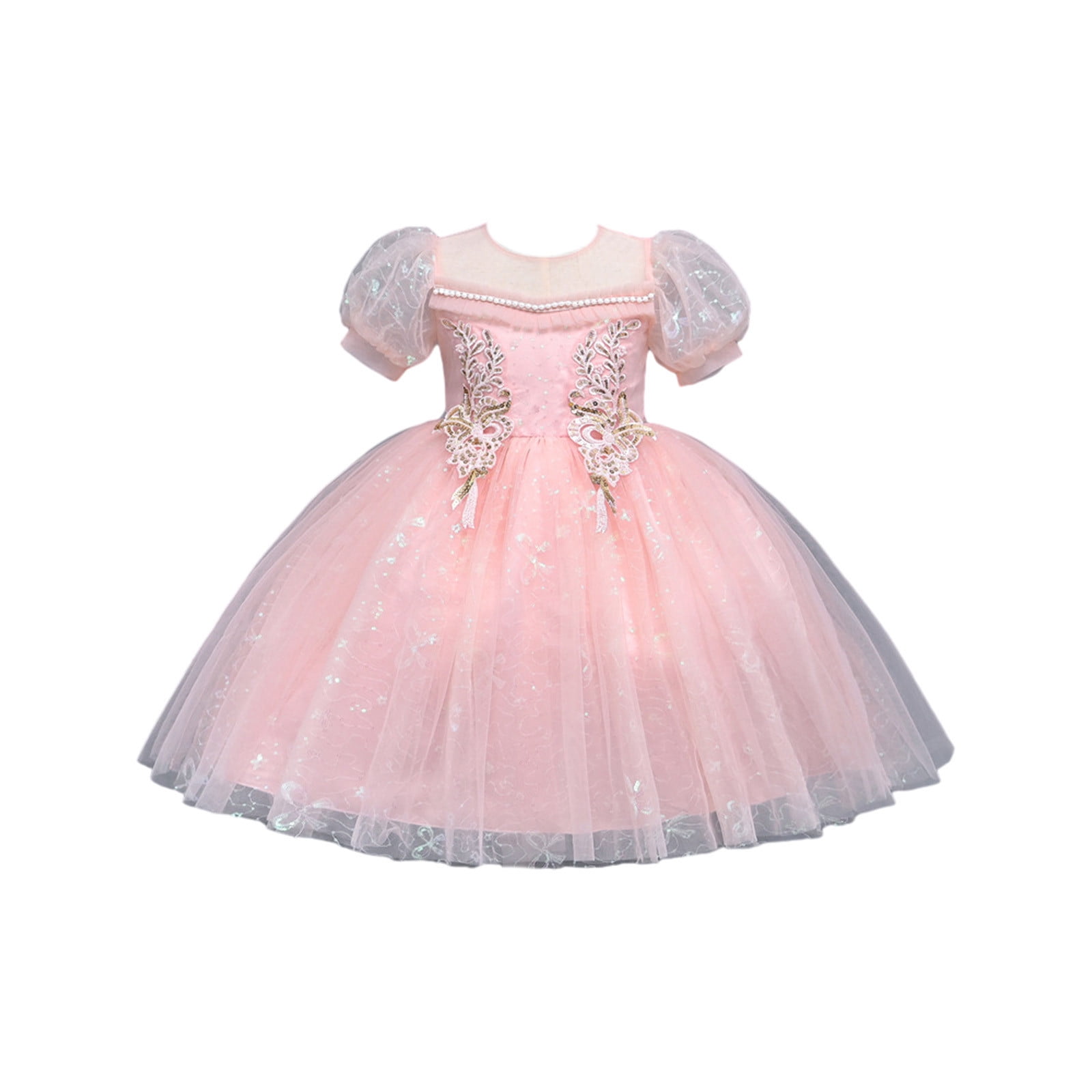 Fancy Kids Blush Pearl Neckline Floral Embroidered Baby Dress w/ Tulle Skirt main image 0