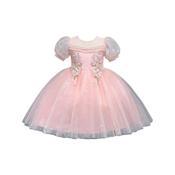 qolati Baby Girl Flower Dress Elegant Embroidered Puffy Sleeve Lace Tulle Dress Cute Sparkly Mesh Pleated A-Line Party Princesses Dress