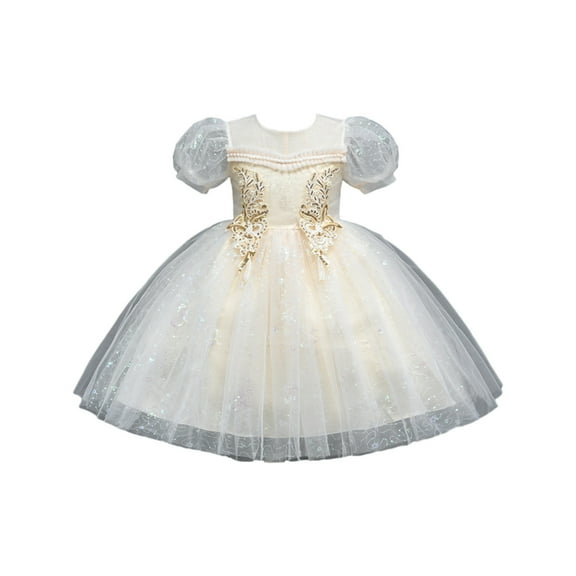 qolati Baby Girl Flower Dress Elegant Embroidered Puffy Sleeve Lace Tulle Dress Cute Sparkly Mesh Pleated A-Line Party Princesses Dress