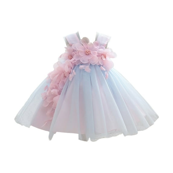 qolati Baby Girl Flower Dresses Tulle Dress Tiered Layered Girls Floral Dress Elegant Sleeveless Mesh Pleated Wedding Birthday Evening Dress Up
