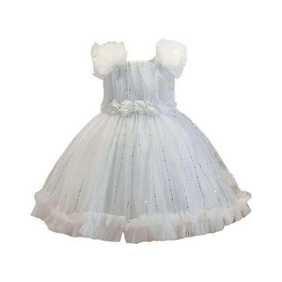 qolati Baby Girls Flower Dress Lace Embroidery Floral Tie Front Formal Dress Elegant Sleeveless Mesh Pleated Tutus Tulle Princesses Dress