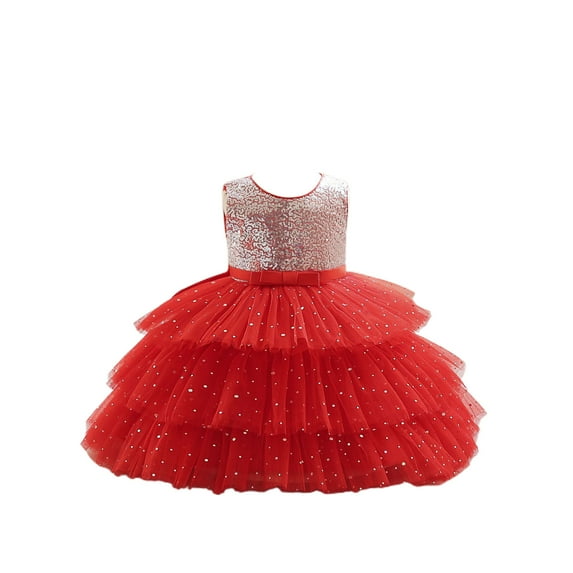 qolati Baby Girls Flower Dress Sparkly Sequin Bow Knot Sleeveless Formal Gowns Glitter Elegant Mesh Layered Pleated Tutus Tulle Birthday Princesses Dress Holiday Outfits