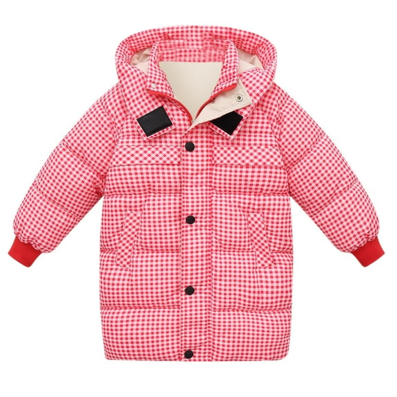 qolati Baby Kids Winter Coat Plaid Long Sleeve Button Down Hooded Puffer Down Jacket Lightweight Warm Cotton Winter Jacket Hooded Outwear