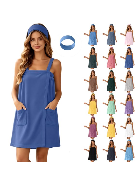 Bathrobe Towel Wrap for Women Bath Wraps After Shower with Pocket Adjustable Spa Robe with Facial Headband S-2XL