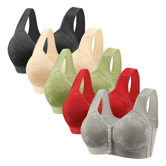 qolati 5 Pack Daisy Bras for Older Women Front Closure Push Up Bra No Underwire Sports Bra with Front Snaps Full Coverage Breathable Everyday Bras