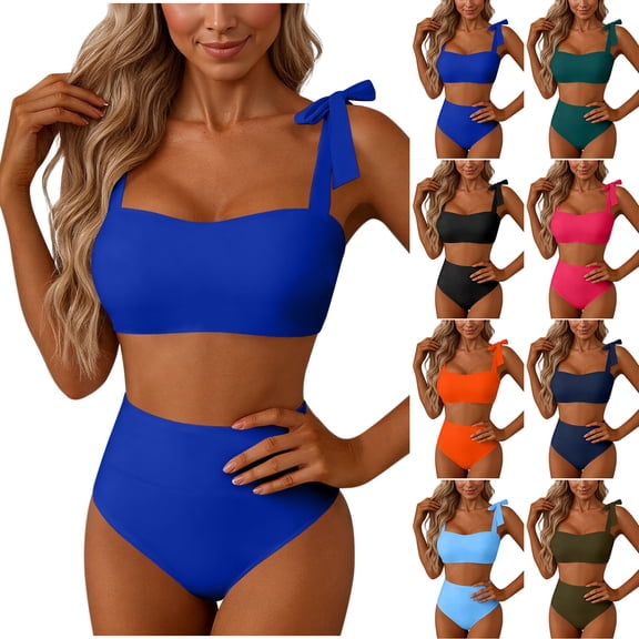 qolati Bikini Sets for Women Two Piece Bathing Suit Square Neck Beach Swimwear Lace Up Strap Swim Tops and High Waisted Cheeky Bottom Swimsuits Navy XXL