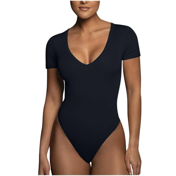 qolati Bodysuit for Women Deep V-Neck Double Lined Shirt Seamless Shapewear Stretchy Short Sleeve Going Out Thong Bodysuit Tops
