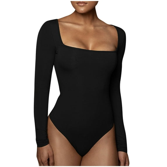 qolati Bodysuit for Women Sexy Square Neck Double Lined Shirt Seamless Butt Lifter Shapewear Stretchy Long Sleeve Going Out Thong Bodysuit Tops