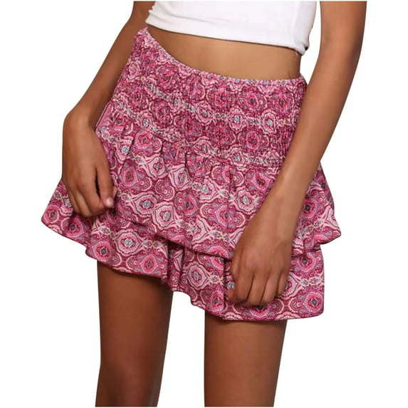 qolati Boho Floral Skirts for Women Cute High Waist Pleated Mini Skirt Layered Ruffle Hem Flared Flowy Beach Short Skirt