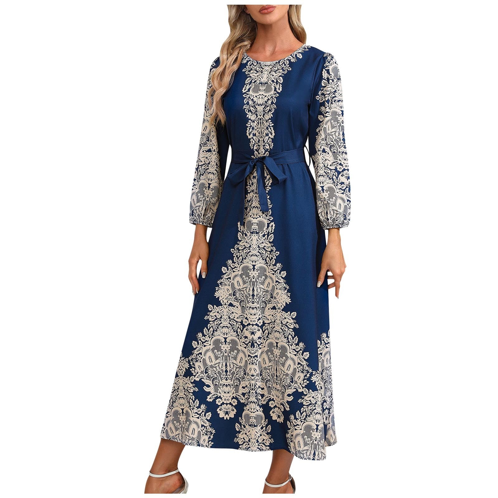 Qolati Boho Spring Dresses for Womens Vintage Ethnic Print Cocktail Party Long Dress with Belted Elegant Long Sleeve A Line Maxi Dresses, Women's,