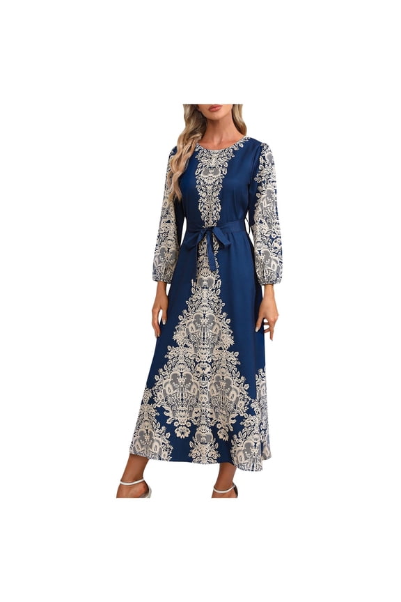 Boho Spring Dresses for Womens Vintage Ethnic Print Cocktail Party Long Dress with Belted Elegant Long Sleeve A Line Maxi Dresses