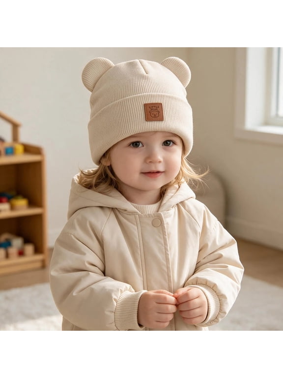 Boys Girls Bear Ear Beanie Hat Cute Soft Ribbed Knit Winter Cap with Folded Cuff Stretchy Warm Skull Hat 0-36 Months