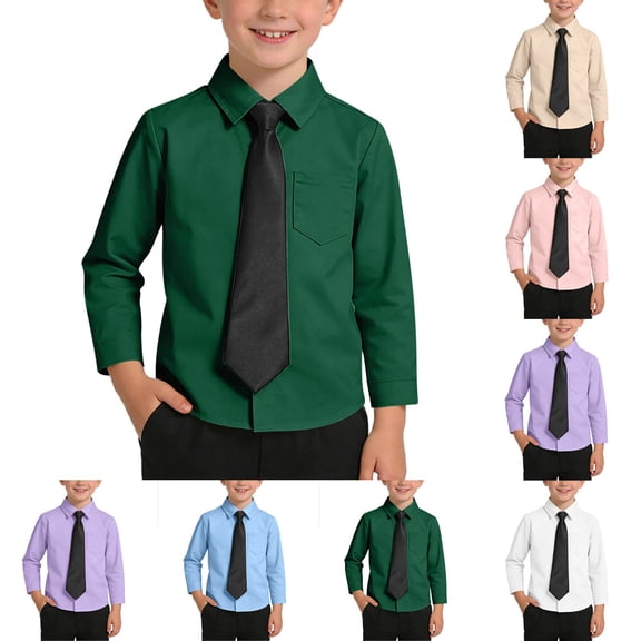 qolati Boys Long Sleeve Dress Shirts Kids Classic Collared Button Down Shirt Stretch Fitted School Uniform Shirts with Chest Pocket 6M-14Y